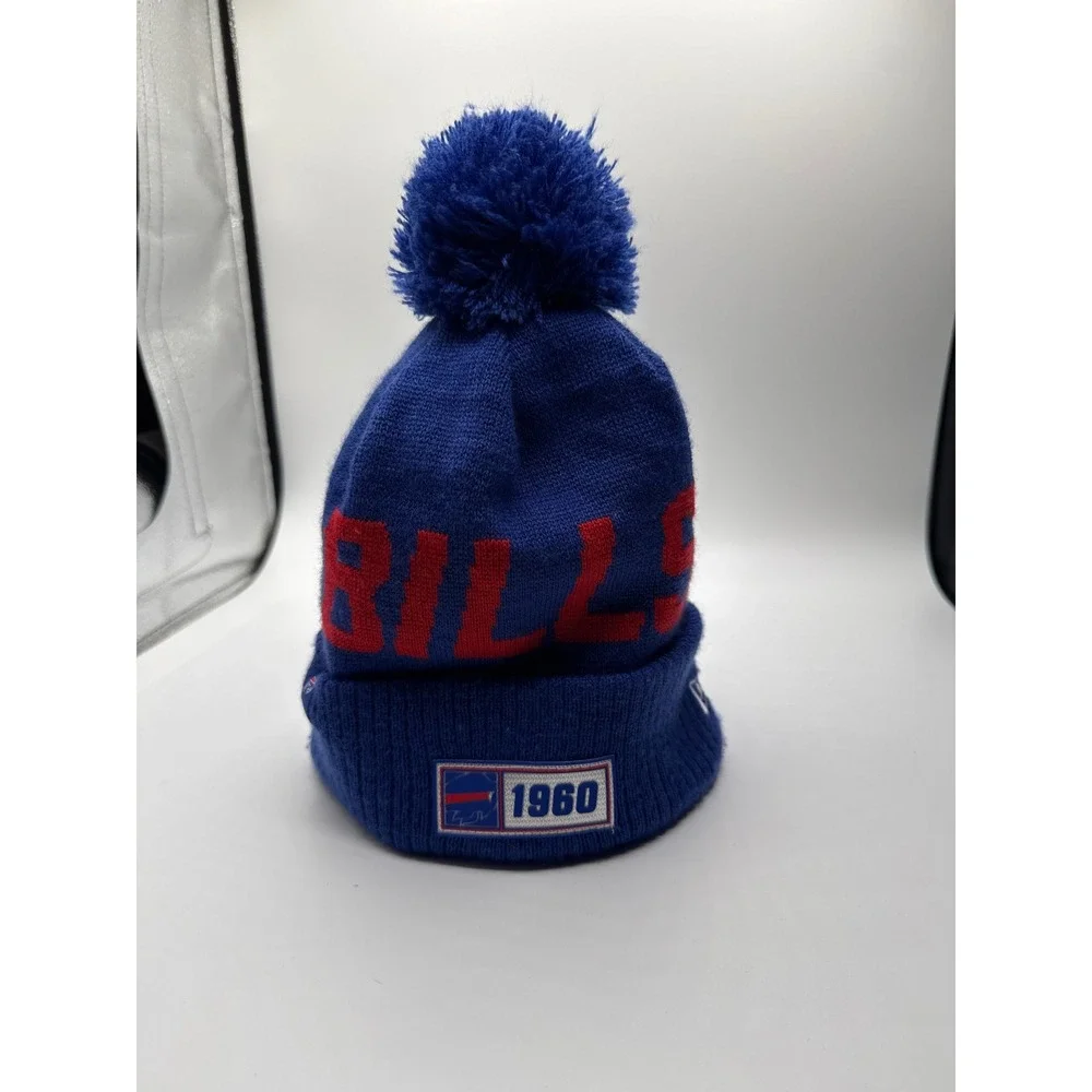 New Era Buffalo Bills 1960 NFL 100 Pom Beanie Blue Knit Hat Fleece Lined OSFM